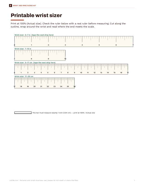 Preview of Printable Wrist Size Chart